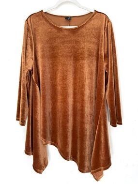 Lisa Bayne XL Brown Velvet Tunic Top Asymmetrical Hem Long Sleeve USA